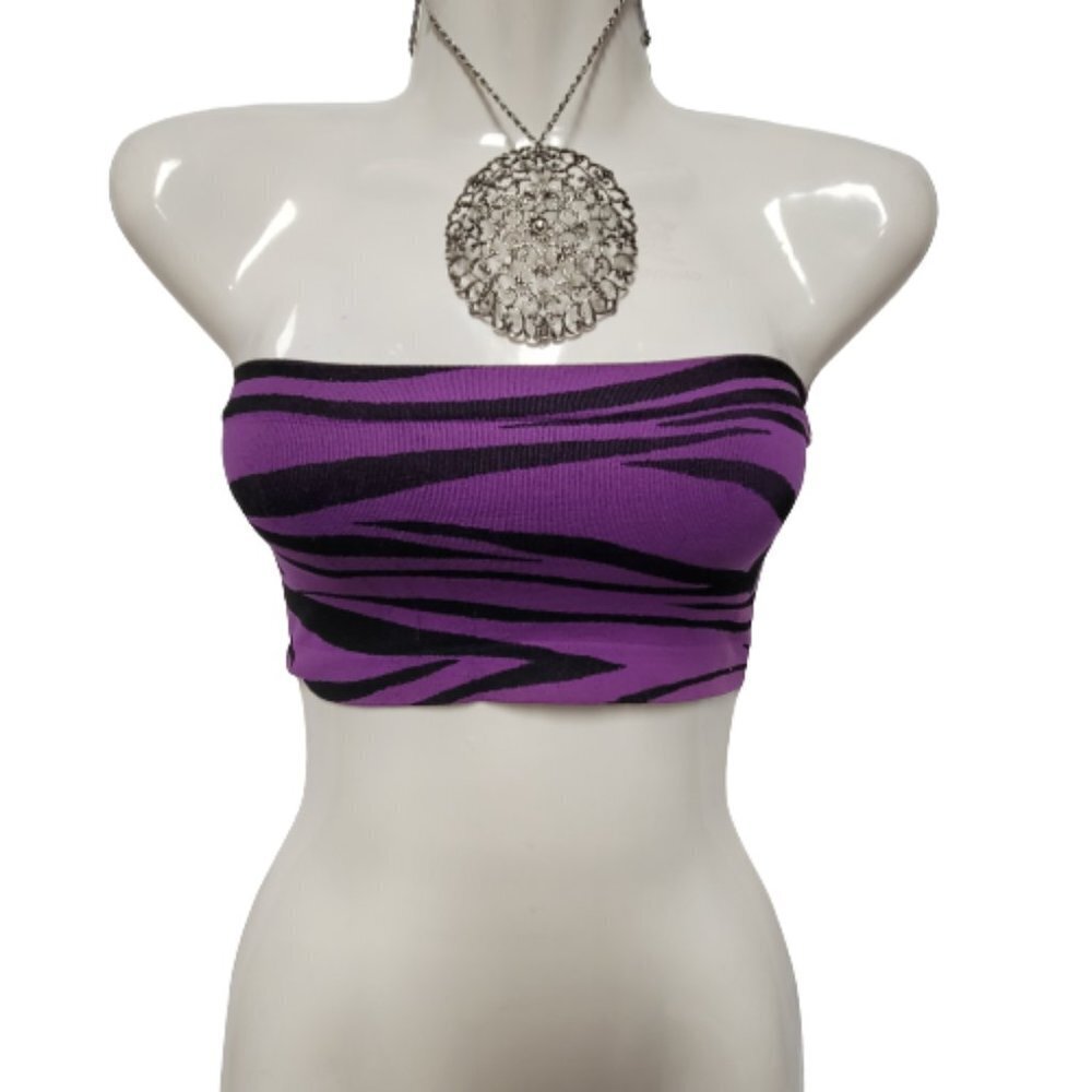 Purple Black Zebra Print Stretchy Elastic Tube Top Animal Print Bandeau Crop Top